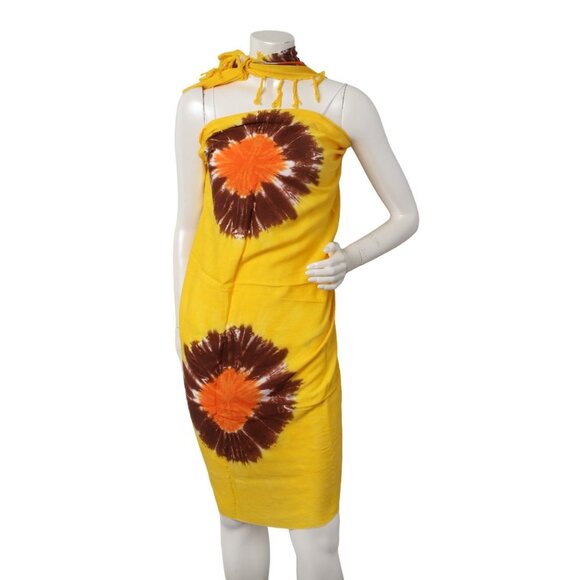 Floral Abstract Sarong Wrap Swimsuit Cover Up Dress Beach Swim Tassel Yellow - Picture 4 of 4